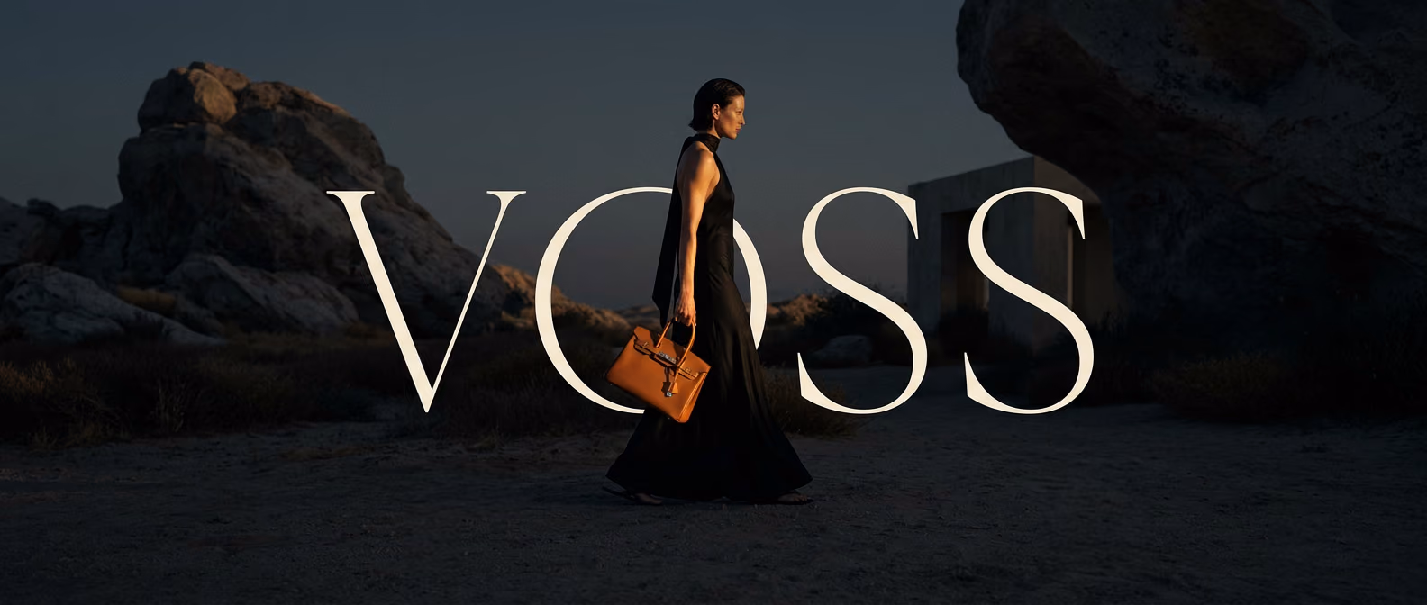 A VOSS bag carried at dusk, the wordmark across the landscape behind.
