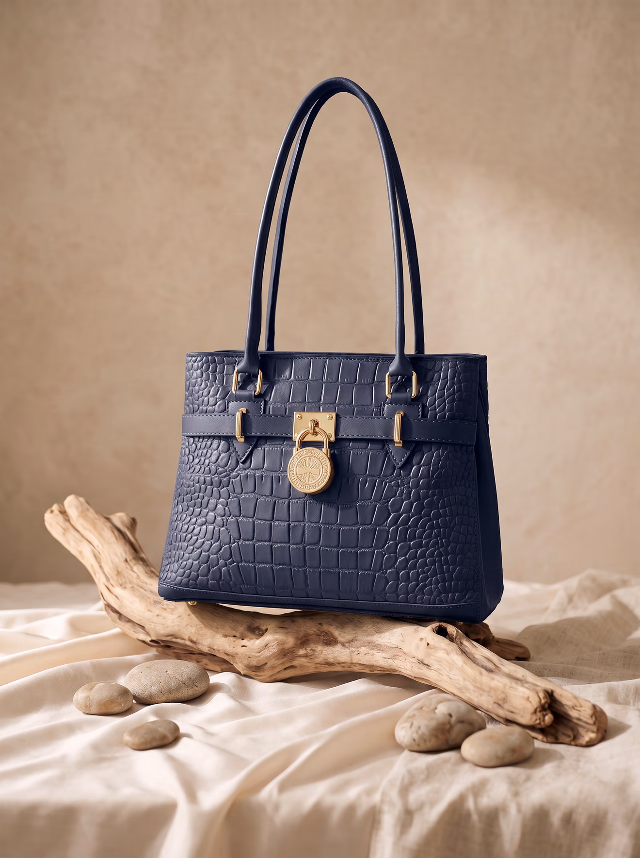 The Croc Padlock Handbag in Navy, structured satchel
