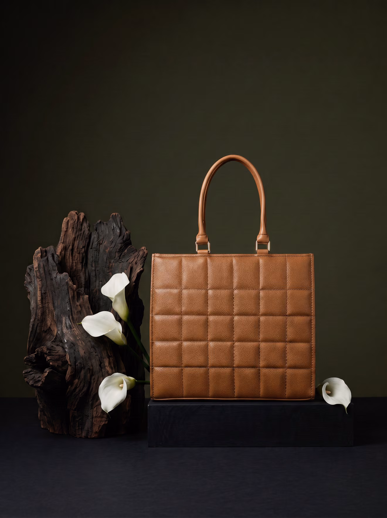 The Box Quilted Tote Bag in Tan, structured tote