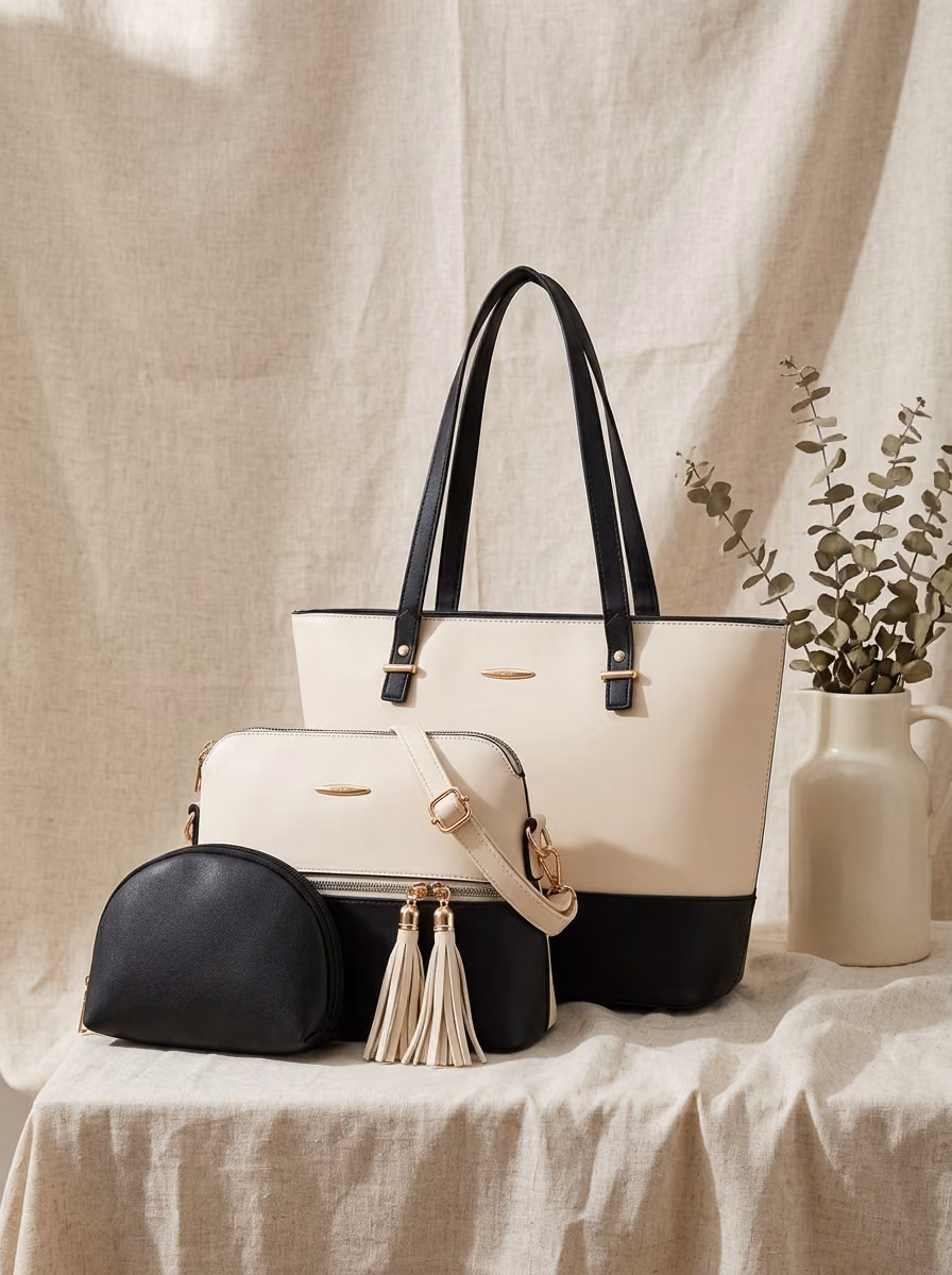 The Two-Tone Tassel Tote Set in Cream, two-tone tote set