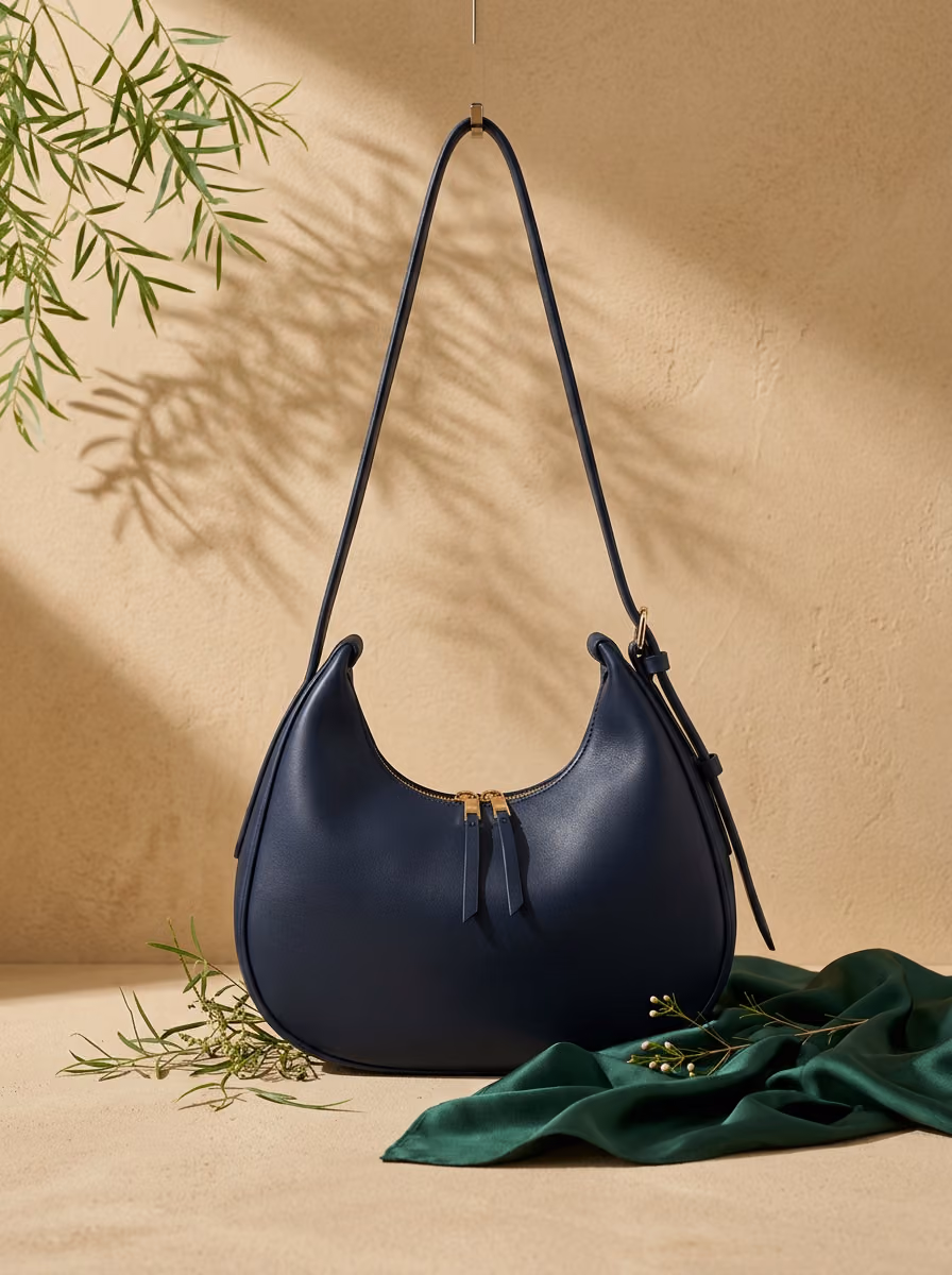 The Crescent Shoulder Bag in Navy, shoulder