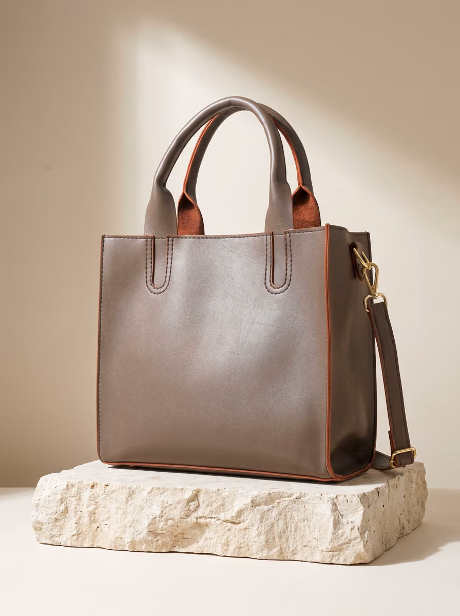The Contrast-Trim Structured Tote Bag in Taupe, structured tote